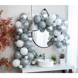 Light Grey Metallic Silver White Balloon Garland Arch Kit 110Pcs Chrome Confetti,Tying Tools+Decorating Strip+Points Stickers+Flower Clips+Ribbon DIY Wedding Decoration Kits Birthday Party