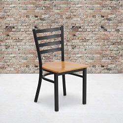 Flash Furniture HERCULES Series Black Ladder Back Metal Restaurant Chair - Natural Wood Seat