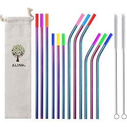 ALINK 12-Pack Reusable Rainbow Metal Drinking Straws with Silicone Covers, Stainless Steel Straws for 30oz / 20oz Yeti/Rtic Tumblers with Cleaning Brush and Carrying Case