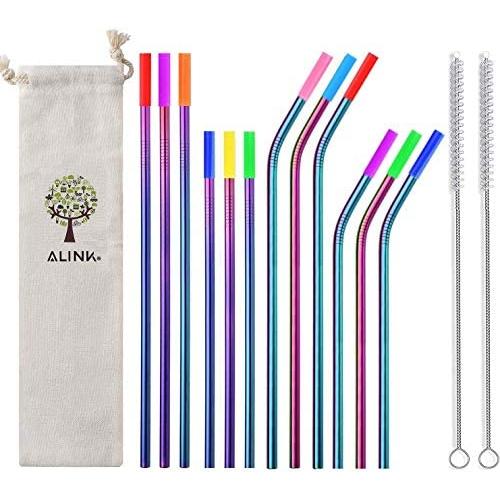 ALINK 12-Pack Reusable Rainbow Metal Drinking Straws with Silicone Covers, Stainless Steel Straws for 30oz / 20oz Yeti/Rtic Tumblers with Cleaning Brush and Carrying Case