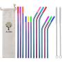 ALINK 12-Pack Reusable Rainbow Metal Drinking Straws with Silicone Covers, Stainless Steel Straws for 30oz / 20oz Yeti/Rtic Tumblers with Cleaning Brush and Carrying Case