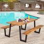 Giantex Picnic Table Bench Set with Umbrella Hole, Outdoor Dining Table Set, 70” Acacia Wood Picnic Beer Table with Metal Frame (Natural & Black)