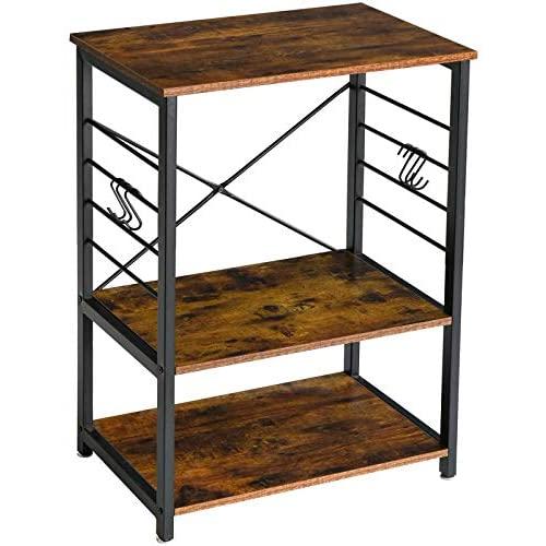 YMYNY Industrial Microwave Oven Stand, 3-Tier Kitchen Bakers Rack with Metal Frame and 6 Hooks, Multifunctional Coffee Bar for Living Room Decoration, Rustic Brown UTMJ022H