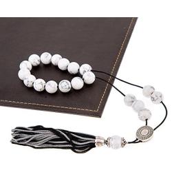 White Howlite Gemstone, Handmade Greek Worry Beads or Komboloi with Alpaca Metal Parts on Pure Silk Cord & Tassel, Length 32cm (12.6)