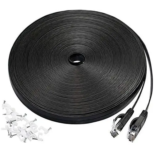 Cat 6 Ethernet Cable 50 ft, Flat Wire LAN Rj45 High Speed Internet Network Cable Slim with Clips, Faster Than Cat5e,Cat5 with Snagless Connectors for PS4, Xbox one, Switch Boxes, Modem, Router,Black