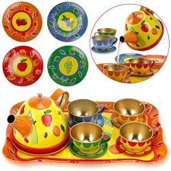 Liberty Imports Colorful Fruit Tin Tea Party Set for Kids - Metal Teapot and Cups Kitchen Playset