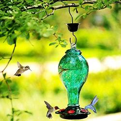 LUJII Hummingbird Feeder, Hand Blown Glass Hummingbird Feeder, Never Fade, 36 Fluid Ounces, 5 Feeding Metal Stations, More Biger, Garden Backyard Decorative, Containing Ant Moat (Blue)