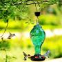 LUJII Hummingbird Feeder, Hand Blown Glass Hummingbird Feeder, Never Fade, 36 Fluid Ounces, 5 Feeding Metal Stations, More Biger, Garden Backyard Decorative, Containing Ant Moat (Blue)