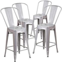 BELLEZE (4-PC 24 High Silver Indoor-Outdoor Counter Height Stool with Back