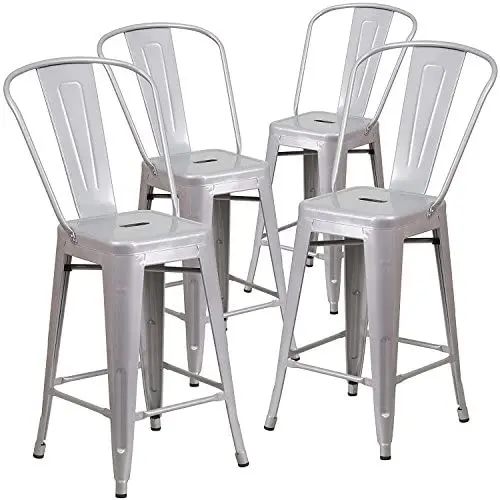 BELLEZE (4-PC 24 High Silver Indoor-Outdoor Counter Height Stool with Back BELLEZE (4-PC 24 High Silver Indoor-Outdoor Counter Height Stool with Back