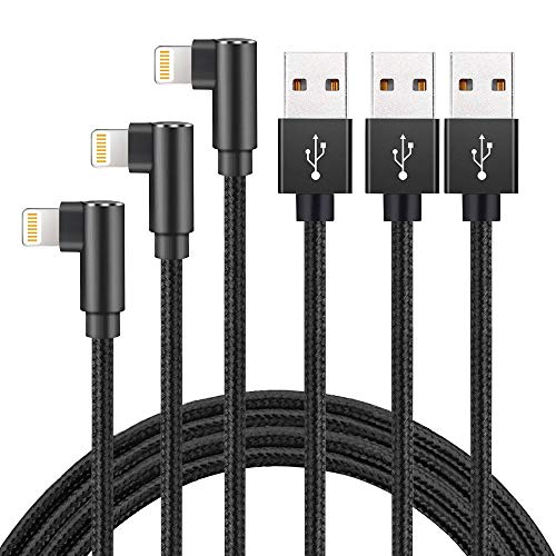 MFi Certified 3 Pack 6FT Super Fast 2.4A Current Nylon Braided Cable 90 Degree Charging Cord Compatible with iPhone 12/11/Pro/Xs Max/XS/XR/7/7Plus/X/8/8Plus/6S/6S Plus/SE (Black, 6FT)