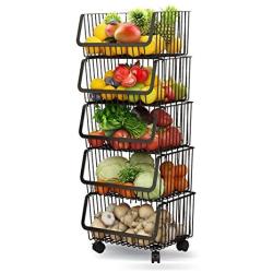 Momotata Rolling Stackable Baskets Storage Bins, 5-Tier Stainless Steel Metal Wire Organizer Kitchen Baskets Rack with Lockable Casters for Kitchen, Pantry, Bathroom,Bedroom Garage- Black (5-Tier)