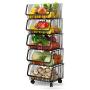 Momotata Rolling Stackable Baskets Storage Bins, 5-Tier Stainless Steel Metal Wire Organizer Kitchen Baskets Rack with Lockable Casters for Kitchen, Pantry, Bathroom,Bedroom Garage- Black (5-Tier)
