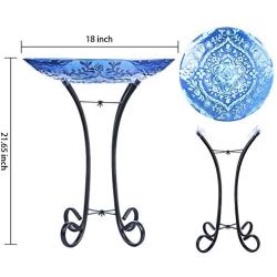 MUMTOP Outdoor Glass Birdbath with Metal Stand for Lawn Yard Garden Decor,18” Dia/21.65 Height