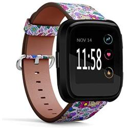 Compatible with Fitbit Versa/Versa 2 / Versa LITE/Leather Watch Wrist Band Strap Bracelet with Quick-Release Pins (Festive Sugar Skulls Heart)