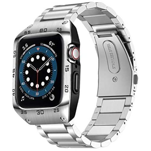 HATALKIN Compatible with Apple Watch Band 44mm Series 6 5 4 SE with Rugged Metal Bumper Case,Men Bands for Apple Watch SE/iWatch Series 6 5 4 44mm Stainless Steel Protective Cases Drop-Proof (Silver