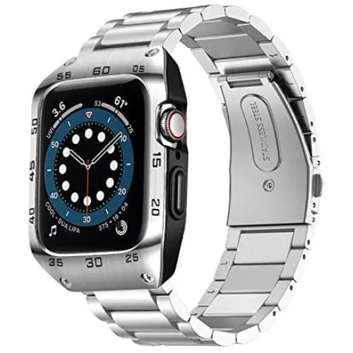 HATALKIN Compatible with Apple Watch Band 44mm Series 6 5 4 SE with Rugged Metal Bumper Case,Men Bands for Apple Watch SE/iWatch Series 6 5 4 44mm Stainless Steel Protective Cases Drop-Proof (Silver