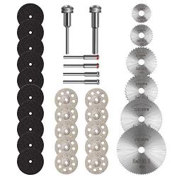 Cutting Wheels Set Rotary Tool Accessories, 10pcs Resin Cutting Off Wheels, 10psc Diamond Cutting Disc with Mandrels, 6pcs HSS Circular Saw Blades with 1/8'' Shank for Wood Metal DIY Craft