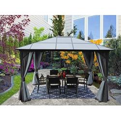 Kozyard 10ftx12ft Polycarbonate Top Aluminum Permanent Gazebo with a Mosquito Net and Privacy Curtain (Edward 10ftx12ft)