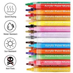 Acrylic Paint Pens for Rocks Painting, Glass, Wood, Ceramic, Metal, Canvas, Fabric, DIY Craft Projects Permanent Acrylic Paint Markers Pens with Sun & Water Resistant Function, Set of 24 Colors