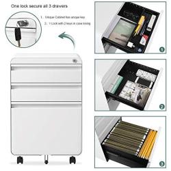 Dprodo 3 Drawers Mobile File Cabinet with Lock, Metal Filing Cabinet for Legal & Letter Size, Locking File Cabinet for Home & Office Full-Extension Drawers, White