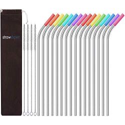 StrawExpert Reusable Stainless Steel Straws Curved with Silicone Tips,Case,Cleaning Brush for 30 oz 20 oz Tumbler Long Metal Straws Drinking Straw for Drinks (10.5 inches,16 Bent)