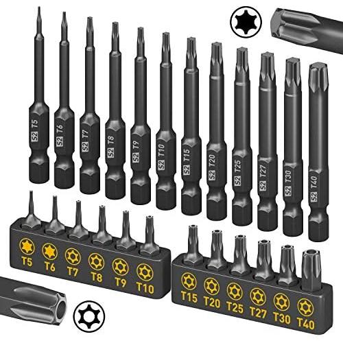 Torx Bit Set, Amartisan 24-Piece Security Torx Bit Set, Tamper Resistant Star Bits Set S2 Steel, 1'' and 2.3'' Long T5 - T40