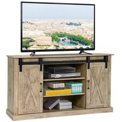 Tangkula Farmhouse Sliding Barn Door TV Stand, Vintage Rustic TV Cabinet Stand Fit Up to 60-inch TVs, Storage Cabinets with 2 Gliding Doors & Adjustable Shelves, Home Living Room Furniture (Natural)