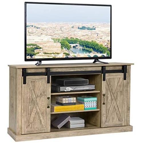 Tangkula Farmhouse Sliding Barn Door TV Stand, Vintage Rustic TV Cabinet Stand Fit Up to 60-inch TVs, Storage Cabinets with 2 Gliding Doors & Adjustable Shelves, Home Living Room Furniture (Natural)