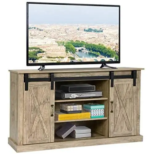 Tangkula Farmhouse Sliding Barn Door TV Stand, Vintage Rustic TV Cabinet Stand Fit Up to 60-inch TVs, Storage Cabinets with 2 Gliding Doors & Adjustable Shelves, Home Living Room Furniture (Natural)