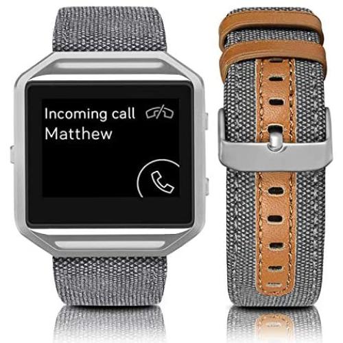 Jobese Compatible with Fitbit Blaze Bands, Soft Classic Canvas Fabric Straps with Genuine Leather Bands with Silver Metal Frame Compatible with Fitbit Blaze Bands Men Women