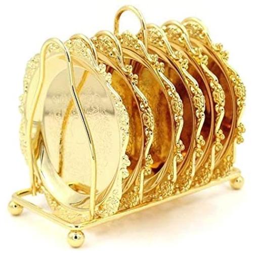 QTKJ 18K Plating Round Heavy Metal Charger Plate, Set of 7 Pieces Mini Cake Plates Metal Wedding Birthday Party Dish Cupcake plates(Gold)