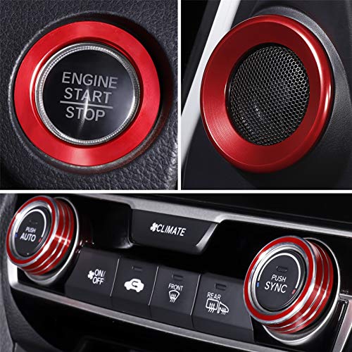 5 PCS for Honda Civic 10th Gen Audio Speaker Cover Engine Start Stop Button Emblem, AC Switch Temperature Climate Knob Ring, Interior Accessories(Red)