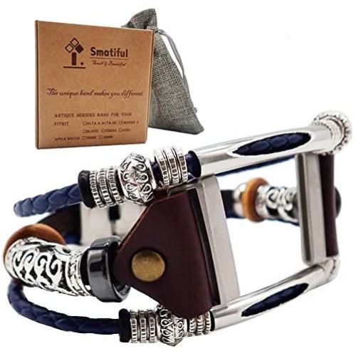 Smatiful Versa 3 Cute Bands with Stainless Steal Connector for Slim Male, Adjustable Replacement Watch Band Compatible with for Fitbit Sense & Versa 3, Grey Dark Blue