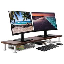 Large Dual Monitor Stand for Computer Screens - Solid Bamboo Riser Supports The Heaviest Monitors, Printers, Laptops or TVs - Perfect Shelf Organizer for Office Desk Accessories & TV Stands (Brown)