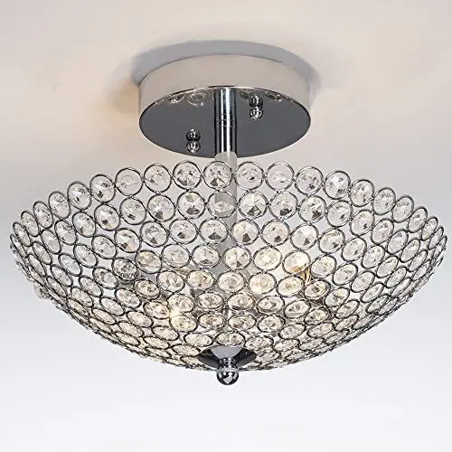 POPILION Elegant 2 Light Bowl Shaped Chrome Finish Metal Crystal Chandelier , Semi Flush Mount Ceiling Light Fixture