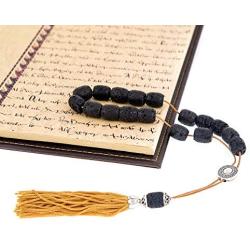 Black Lava Stone (Long Beads), Handmade Greek Worry Beads or Komboloi with Alpaca Metal Parts on Pure Silk Cord & Tassel, Length 35cm (13.8)