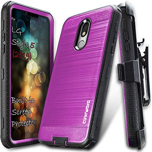 COVRWARE Iron Tank Case Compatible with Stylo 5 / Stylo 5+ / 5X / Plus with Built-in Screen Protector Heavy Duty Full-Body Rugged Holster Armor Cover Brush Metal Texture Design Belt-Clip, Magenta