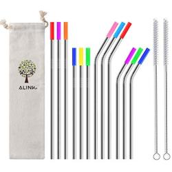 ALINK 12-Pack Stainless Steel Metal Straws with Silicone Tips, Long Reusable Drinking Straws for 20oz/ 30oz Yeti/Rtic Tumblers, Starbucks, Tervis with 2 Cleaning Brush and Carrying Case