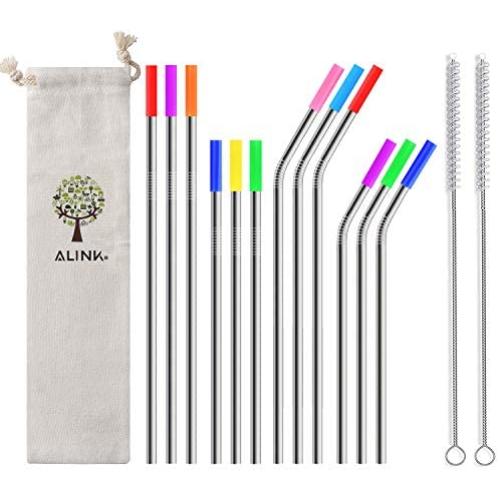 ALINK 12-Pack Stainless Steel Metal Straws with Silicone Tips, Long Reusable Drinking Straws for 20oz/ 30oz Yeti/Rtic Tumblers, Starbucks, Tervis with 2 Cleaning Brush and Carrying Case