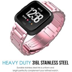 MoKo Band Compatible with Fitbit Versa/Versa 2/Versa lite Edition/Versa Special Edition, Stainless Steel Metal Watch Band Replacement Strap Bracelet - Rose Pink