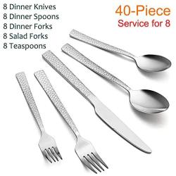 Hammered Silverware Set, E-far 40-Piece Stainless Steel Square Flatware Set for 8, Metal Tableware Cutlery Set Includes Dinner Knives/Forks/Spoons, Modern Design & Mirror Polished - Dishwasher Safe