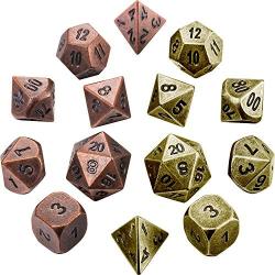 Jovitec 14 Pieces Metal Solid Zinc Alloy Game D&D Dices Set Durable Polyhedral Dice with Printed Numbers and Velvet Storage Bags for Game, Dungeons and Dragons, RPG, Math Teaching (C)