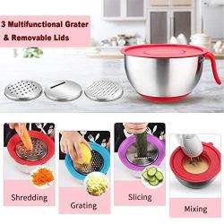 Stainless Steel Mixing Bowls with Lids, E-far Metal Mixing Bowl Set with 3 Graters, Long Handle, Pour Spout, Non-Slip Bottom & Stackable, Great for Cooking, Baking, Prepping, Set of 3 - 5/3/1.5 QT