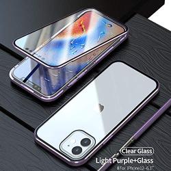 HENGHUI Case Compatible with iPhone 12 Mini Magnetic Clear Glass Case ，Aluminum Metal Bumper 360 Full-Body Protecive Cover Built-in Screen Protector (Purple, iPhone12Mini)