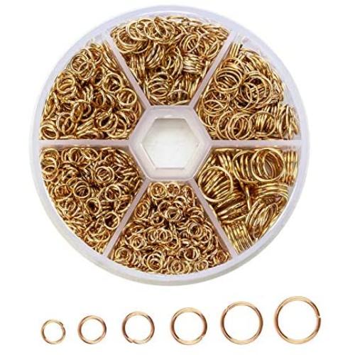 1390Pcs Jewelry Making Findings Beading Suppliers Open Jump Rings 4mm 5mm 6mm 7mm 8mm 10mm Gold Plated Circle Metal Connectors with Storage Box Keychain Necklaces Bracelet Making Supplies