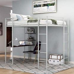 Metal Loft Bed Studio Loft Bunk Bed Over Desk and Bookcase with 2 Ladders,Twin Loft Bed for Dorm, Boys & Girls Teens Kids,Silver