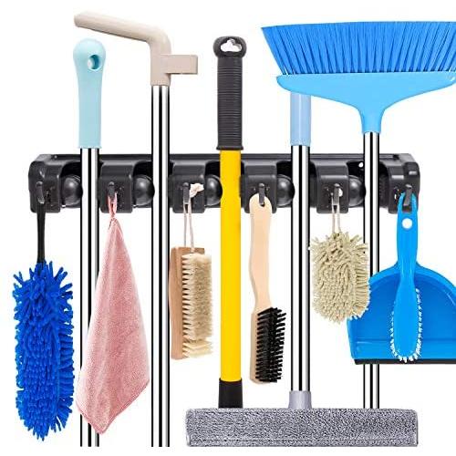 Mop and Broom Holder Wall Mount Heavy Duty Broom Holder Wall Mounted Broom Organizer Home Garden Garage Storage Rack 5 Position with 6 Hooks (Black)