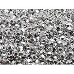 Czech Faceted Glass Beads, Fire-Polished, Round 3mm, 4mm, 6mm, 8mm. Silver Metallic. A Total of 275 Pieces. Set 1CFP 004 (3FP033 4FP033 6FP033 8FP033)