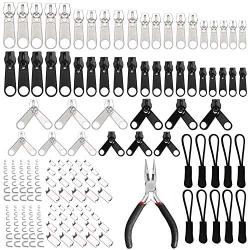 EuTengHao 183Pcs Zipper Repair Kit Zipper Replacement Zipper Pull Rescue Kit with Zipper Install Pliers Tool and Zipper Extension Pulls for Clothing Jackets Purses Luggage Backpacks (Sliver and Black)